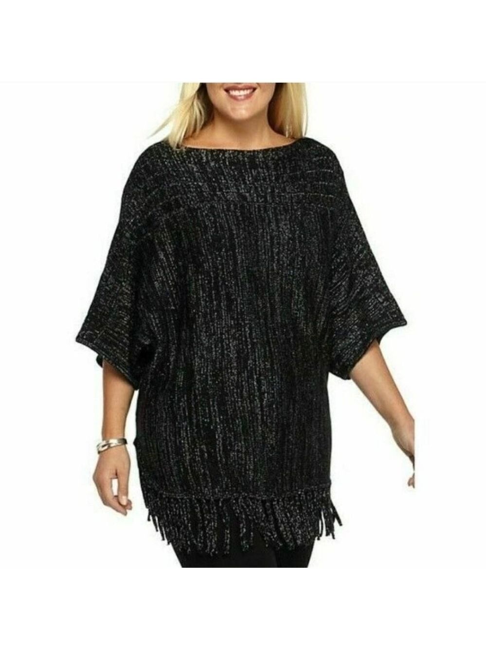 New Directions Black Metallic Fringe Knit Poncho Top Women’s 3X Sparkle Pullover